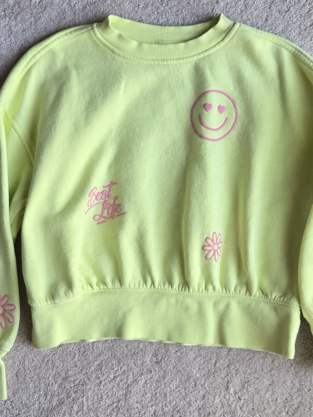 Old Navy Neon Yellow Crew Sweatshirt with Pink Smiley & Floral Graphics